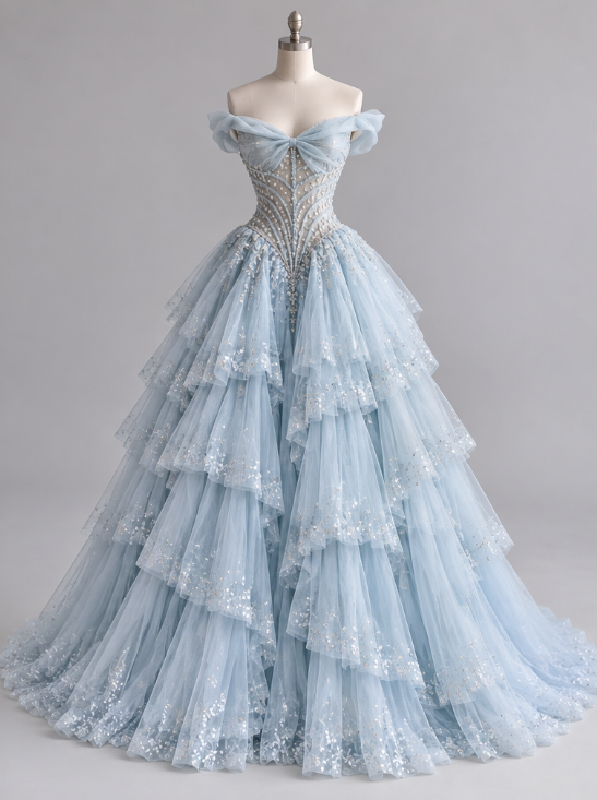 Robe de bal bleue chic coupe trapèze en tulle à sequins robe de soirée longue DP08237
