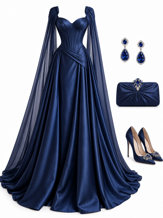 Robe de bal chic bleu marine, robe de soirée longue en satin coupe trapèze DP08238