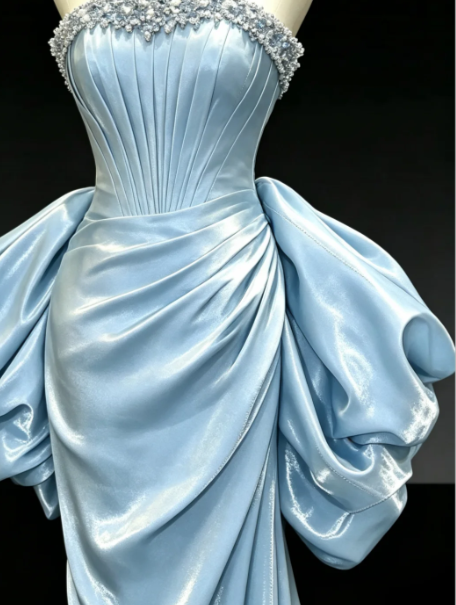 Robe de soirée longue chic bleue en satin coupe fourreau DP08239
