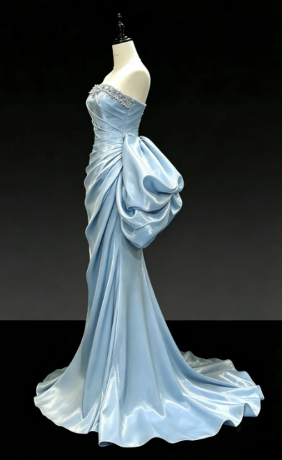 Robe de soirée longue chic bleue en satin coupe fourreau DP08239