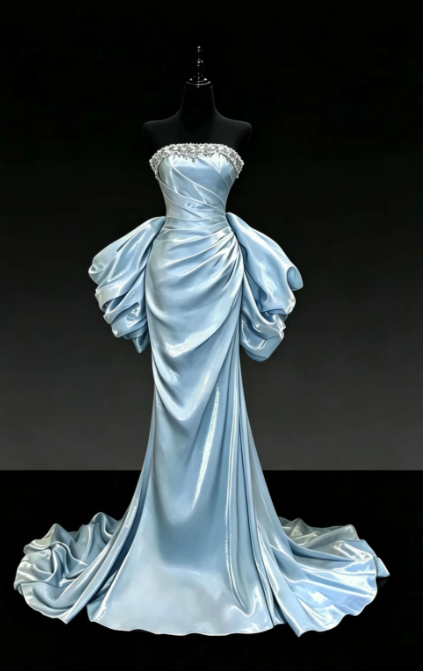 Robe de soirée longue chic bleue en satin coupe fourreau DP08239