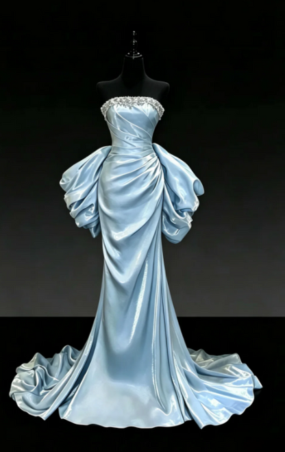 Robe de soirée longue chic bleue en satin coupe fourreau DP08239