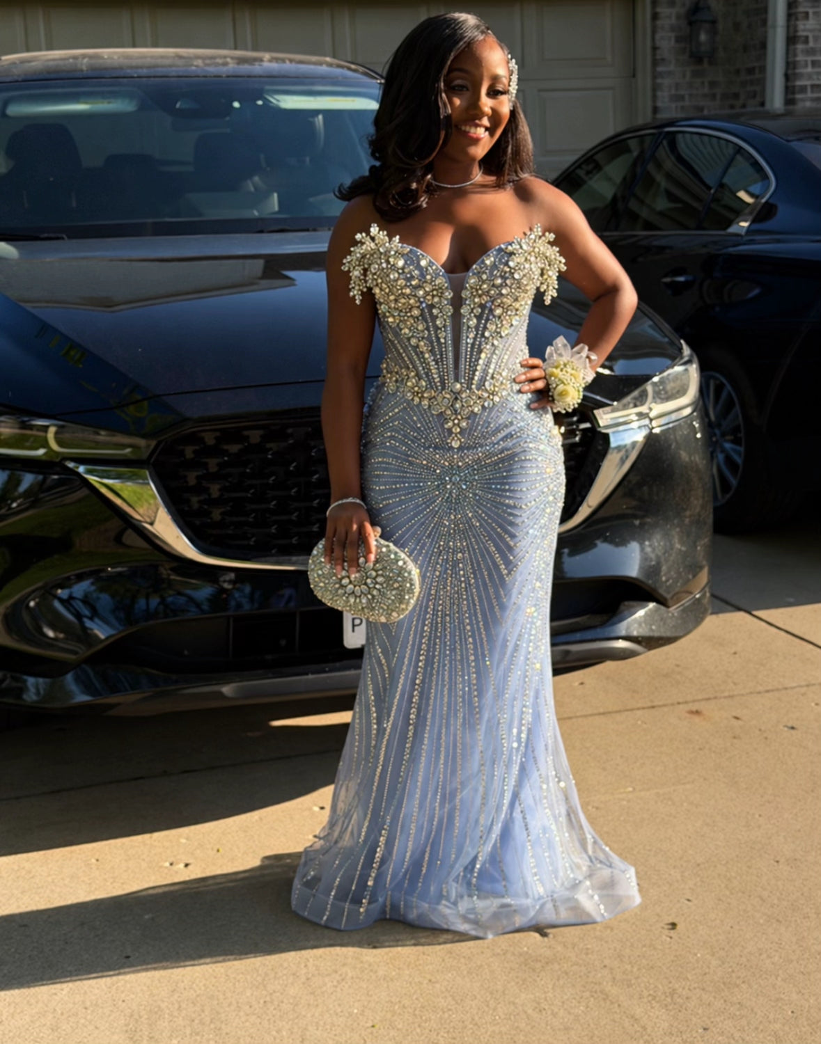 Magnifique robe de bal bleue fourreau en tulle perlé, robe de soirée longue DP08242