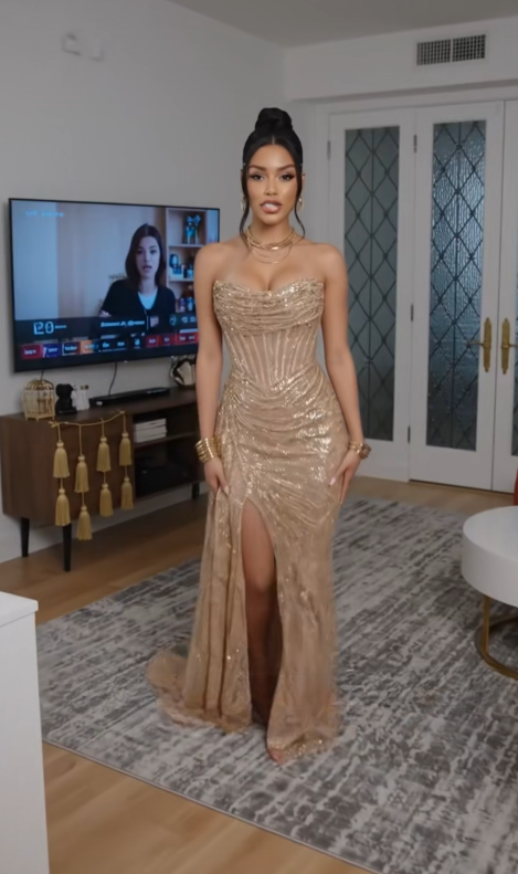 Magnifique robe de bal dorée fourreau à sequins avec fente, robe de soirée longue DP08243