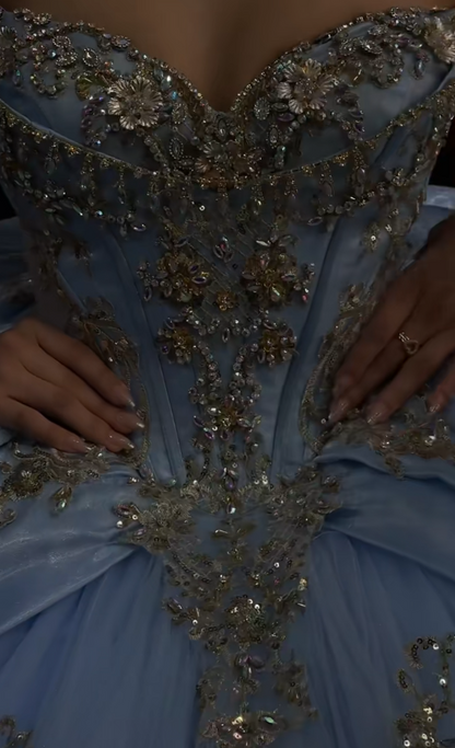 Magnifique robe de bal bleu pour 16 ans, avec appliqués et tulle, robe de quinceañera DP08245