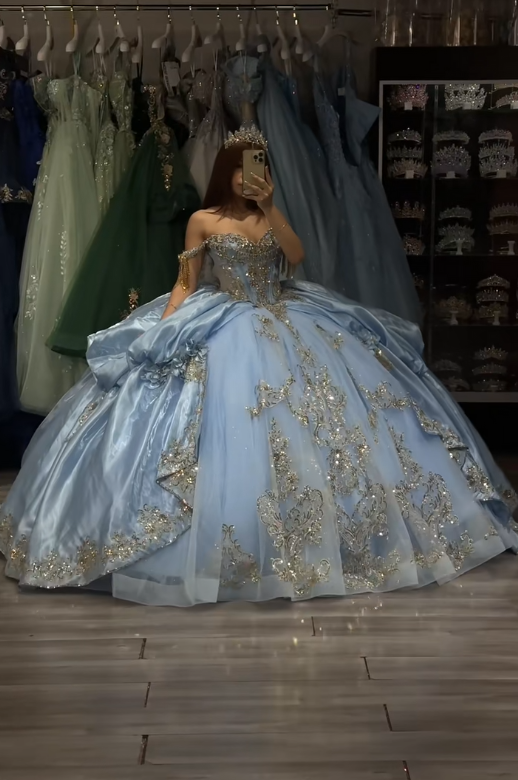 Magnifique robe de bal bleu pour 16 ans, avec appliqués et tulle, robe de quinceañera DP08245