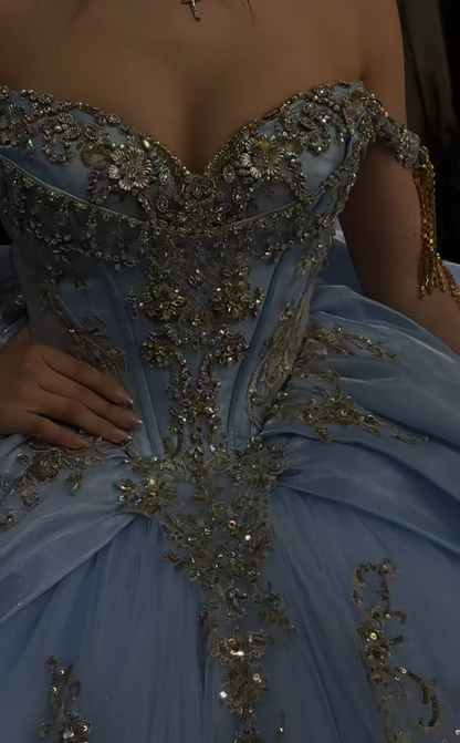 Magnifique robe de bal bleu pour 16 ans, avec appliqués et tulle, robe de quinceañera DP08245