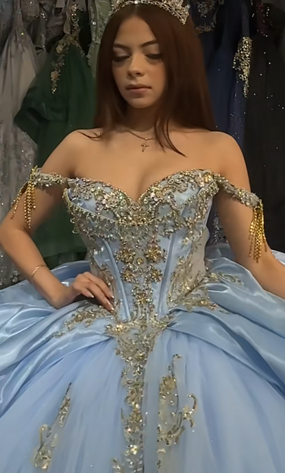 Magnifique robe de bal bleu pour 16 ans, avec appliqués et tulle, robe de quinceañera DP08245