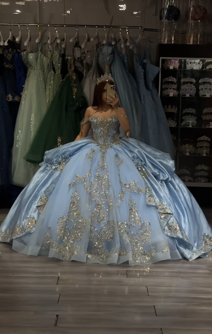 Magnifique robe de bal bleu pour 16 ans, avec appliqués et tulle, robe de quinceañera DP08245