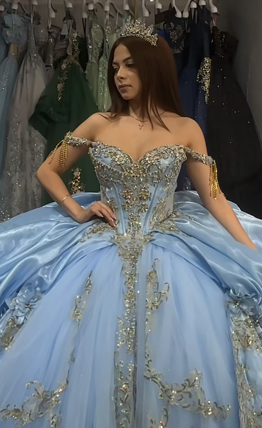 Magnifique robe de bal bleu pour 16 ans, avec appliqués et tulle, robe de quinceañera DP08245