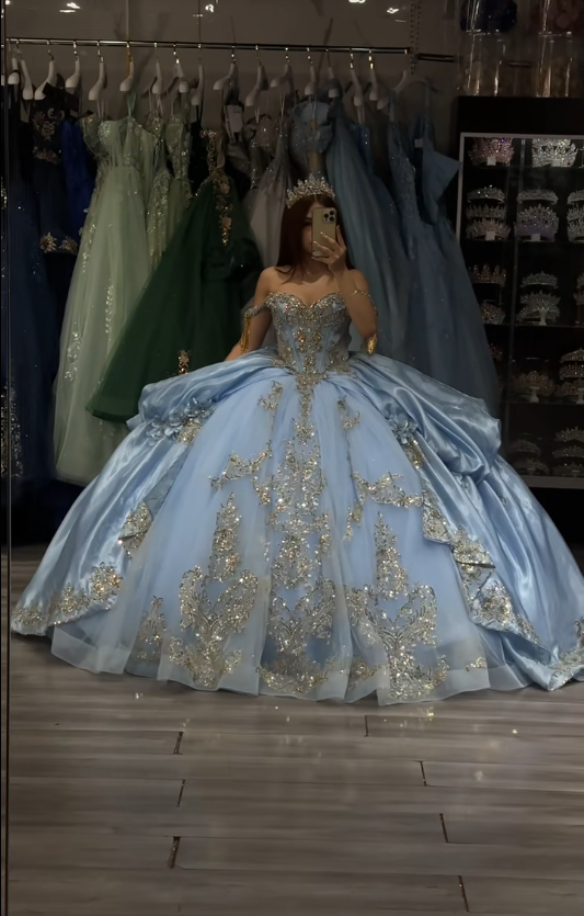 Magnifique robe de bal bleu pour 16 ans, avec appliqués et tulle, robe de quinceañera DP08245