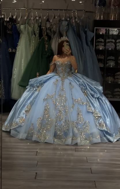 Magnifique robe de bal bleu pour 16 ans, avec appliqués et tulle, robe de quinceañera DP08245