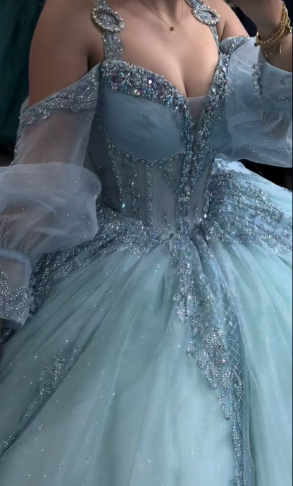 Magnifique robe de bal bleu pour 16 ans, avec appliqués et tulle, robe de quinceañera DP08246