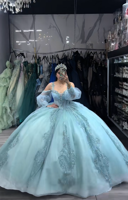 Magnifique robe de bal bleu pour 16 ans, avec appliqués et tulle, robe de quinceañera DP08246