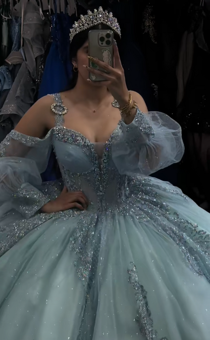 Magnifique robe de bal bleu pour 16 ans, avec appliqués et tulle, robe de quinceañera DP08246