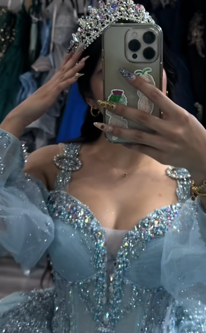 Magnifique robe de bal bleu pour 16 ans, avec appliqués et tulle, robe de quinceañera DP08246