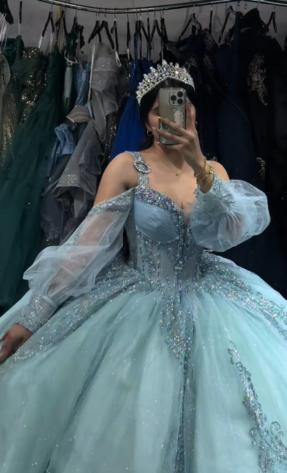 Magnifique robe de bal bleu pour 16 ans, avec appliqués et tulle, robe de quinceañera DP08246