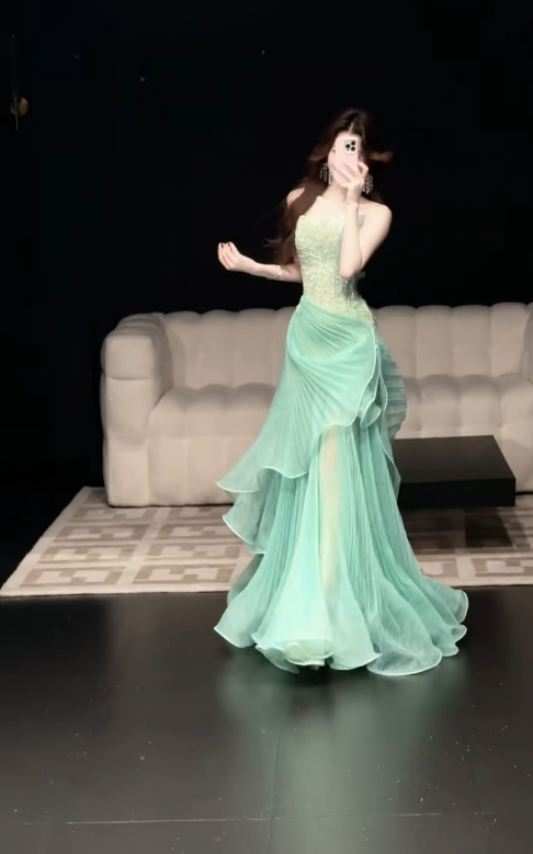 Robe de bal chic verte, robe de soirée longue fourreau en tulle DP08248