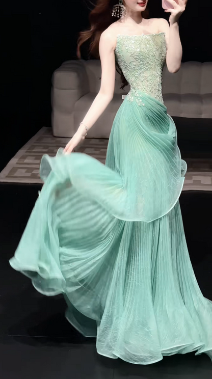 Robe de bal chic verte, robe de soirée longue fourreau en tulle DP08248
