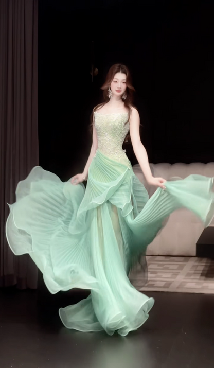 Robe de bal chic verte, robe de soirée longue fourreau en tulle DP08248