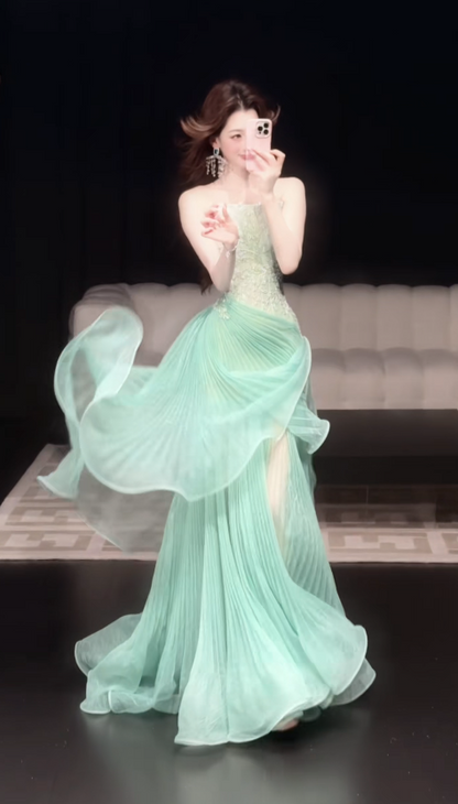Robe de bal chic verte, robe de soirée longue fourreau en tulle DP08248