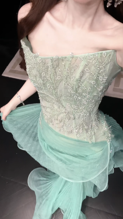 Robe de bal chic verte, robe de soirée longue fourreau en tulle DP08248