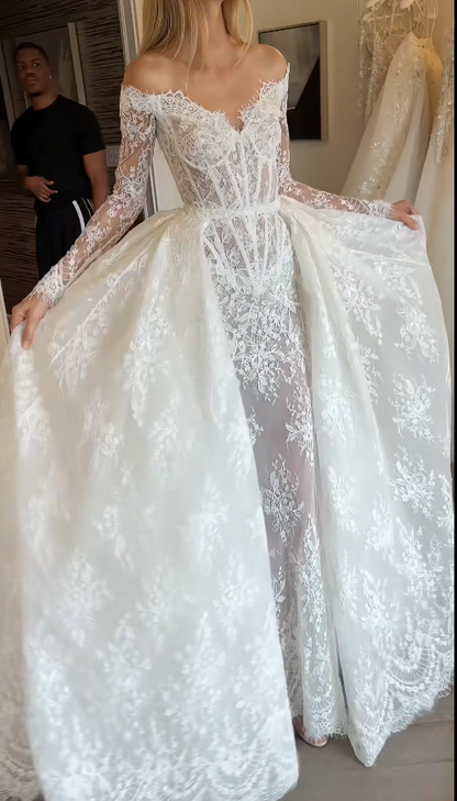 Glam White Bridal Gown A-Line Lace Long Wedding Dress DP08250