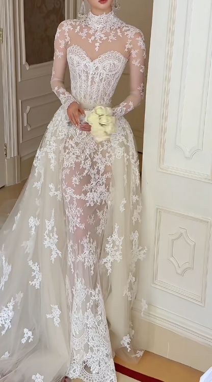 Robe de mariée blanche glamour fourreau en dentelle longue DP08251