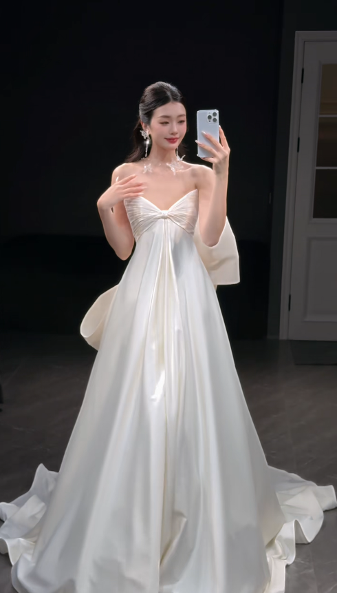 Glam White Brautkleid A-Linie Satin langes Hochzeitskleid DP08253