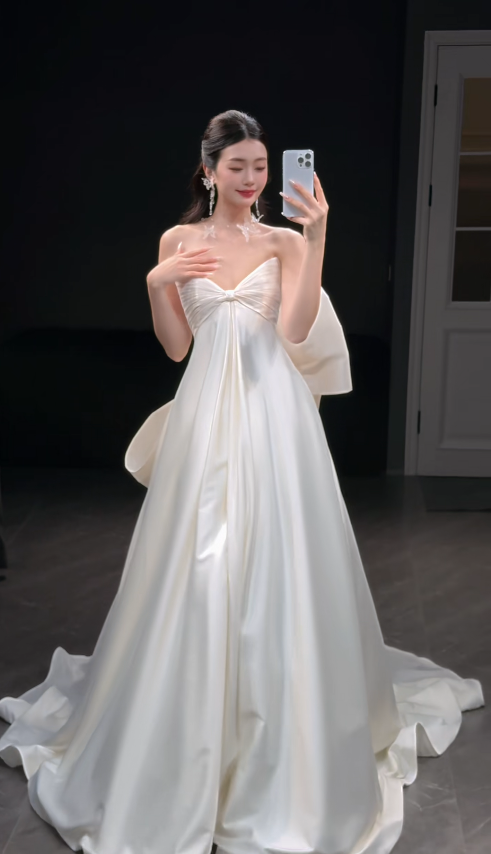 Glam White Brautkleid A-Linie Satin langes Hochzeitskleid DP08253