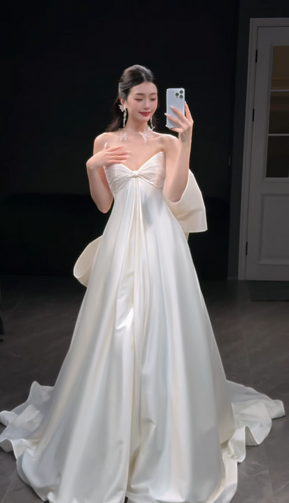 Glam White Brautkleid A-Linie Satin langes Hochzeitskleid DP08253