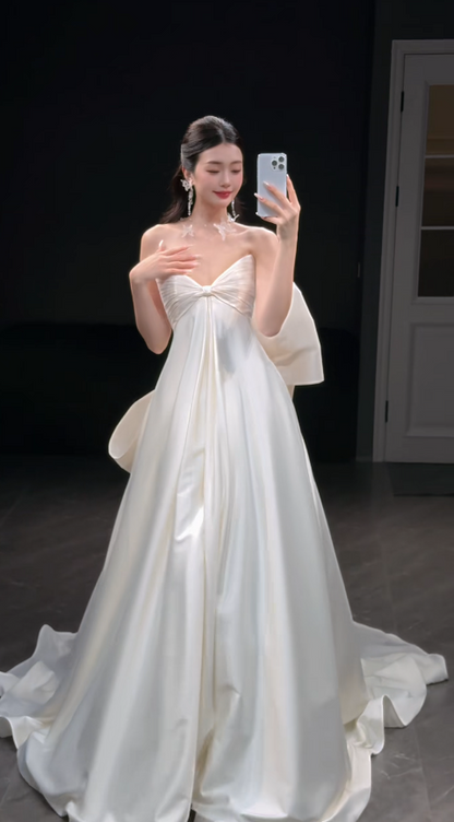 Glam White Brautkleid A-Linie Satin langes Hochzeitskleid DP08253