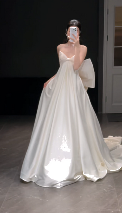 Glam White Brautkleid A-Linie Satin langes Hochzeitskleid DP08253