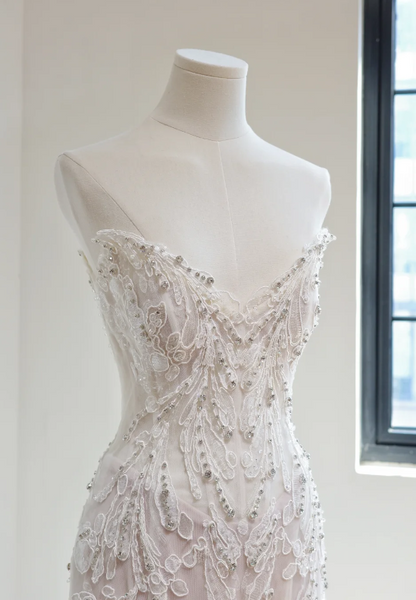 Robe de mariée blanche glamour sirène en tulle perlé robe de mariage longue DP08255