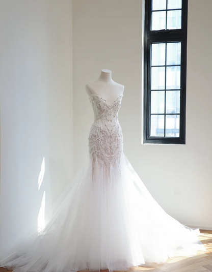 Robe de mariée blanche glamour sirène en tulle perlé robe de mariage longue DP08255
