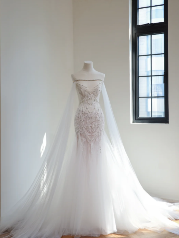 Robe de mariée blanche glamour sirène en tulle perlé robe de mariage longue DP08255