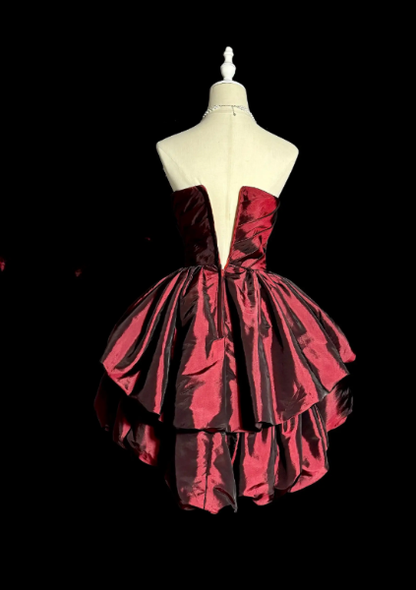 Jolie robe de bal courte rouge en satin, coupe trapèze, pour fête d’anniversaire DP08256