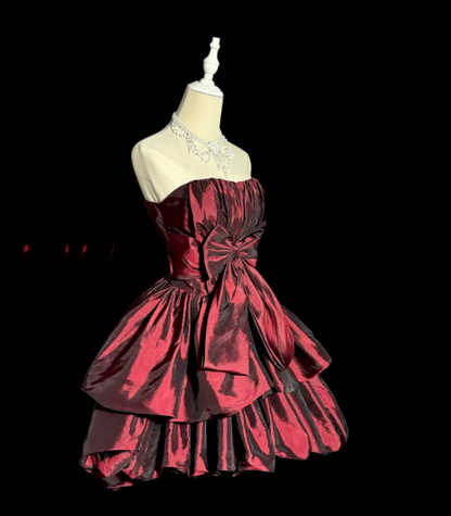 Jolie robe de bal courte rouge en satin, coupe trapèze, pour fête d’anniversaire DP08256
