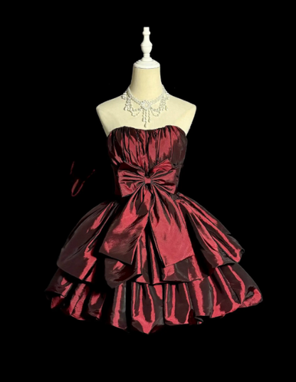 Jolie robe de bal courte rouge en satin, coupe trapèze, pour fête d’anniversaire DP08256