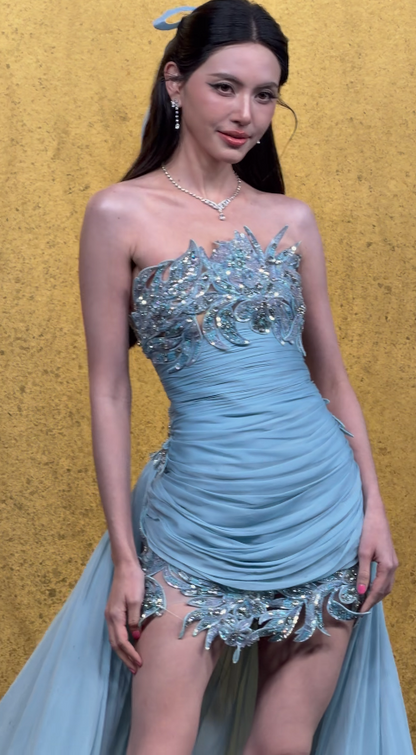 Jolie robe de bal courte bleue fourreau en mousseline robe de fête d’anniversaire DP08259