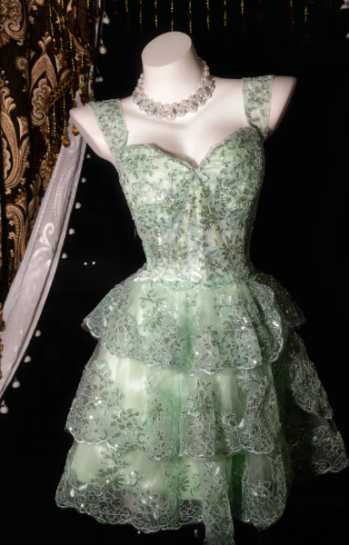Cute Green Short Prom Dress A-Line Sequins Tulle Birthday Party Dress DP08265