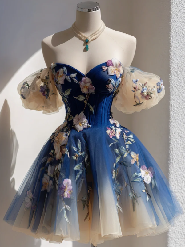 Cute Blue Short Prom Dress A-Line Tulle Appliques Birthday Party Dress DP08267