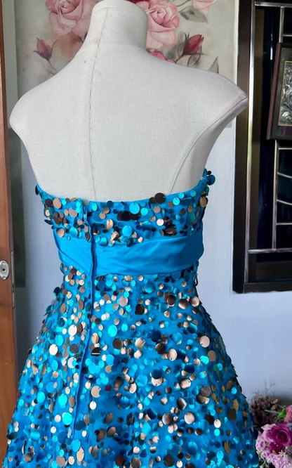 Cute Blue Short Prom Dress A-Line Satin Sequins Birthday Party Dress DP08272