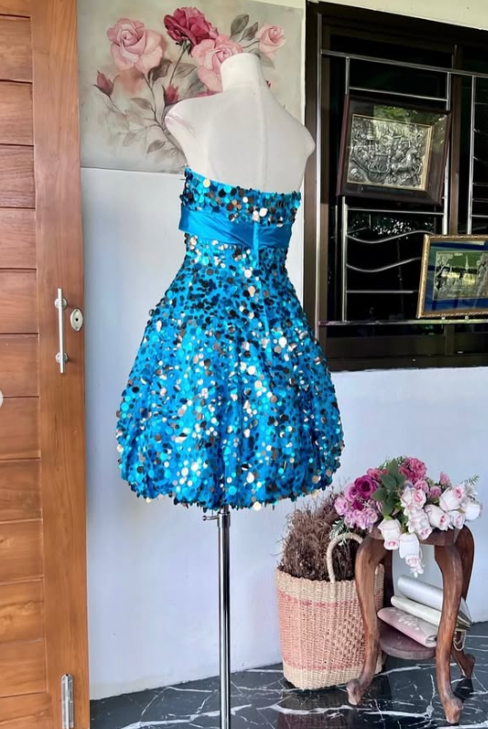 Cute Blue Short Prom Dress A-Line Satin Sequins Birthday Party Dress DP08272