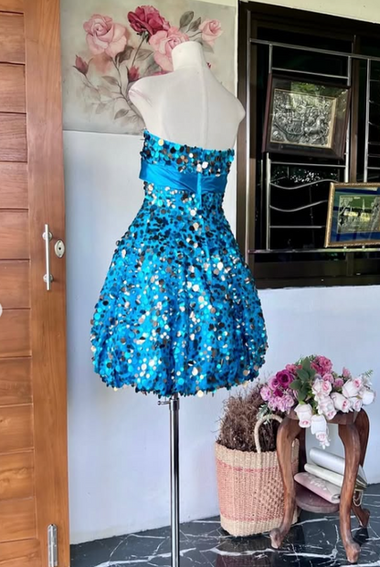 Cute Blue Short Prom Dress A-Line Satin Sequins Birthday Party Dress DP08272