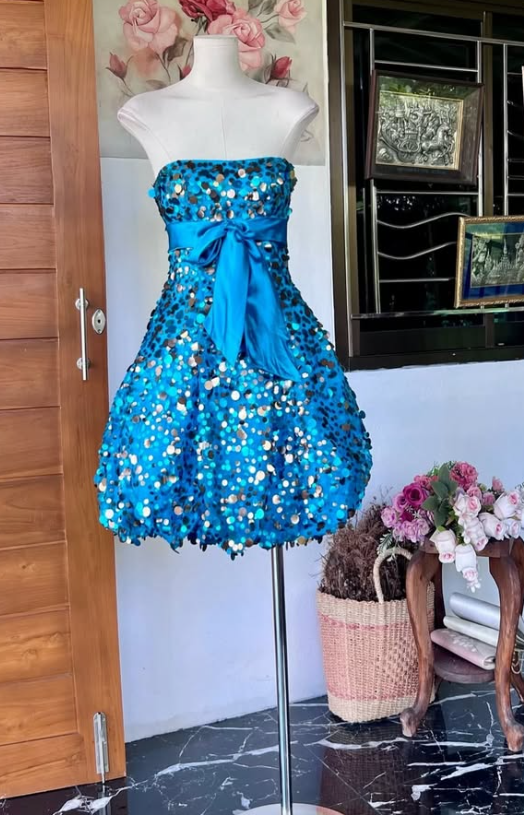 Cute Blue Short Prom Dress A-Line Satin Sequins Birthday Party Dress DP08272