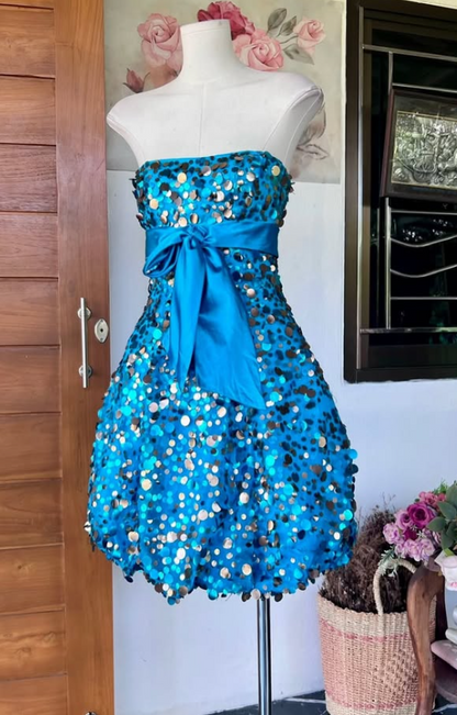 Cute Blue Short Prom Dress A-Line Satin Sequins Birthday Party Dress DP08272