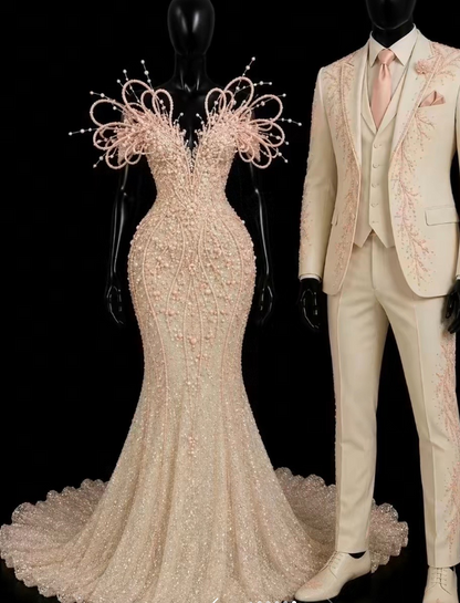 Modisches champagnerfarbenes Meerjungfrauen-Ballkleid mit Pailletten, langes Abendkleid DP08274