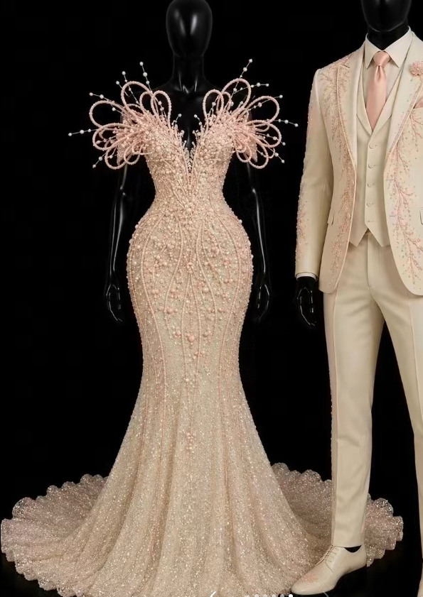 Modisches champagnerfarbenes Meerjungfrauen-Ballkleid mit Pailletten, langes Abendkleid DP08274