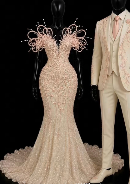 Modisches champagnerfarbenes Meerjungfrauen-Ballkleid mit Pailletten, langes Abendkleid DP08274